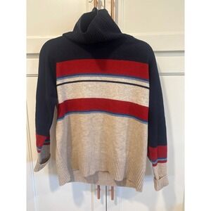 Pendleton camp stripe Turtleneck Sweater Large red Tan Ribbed Knit lambswool